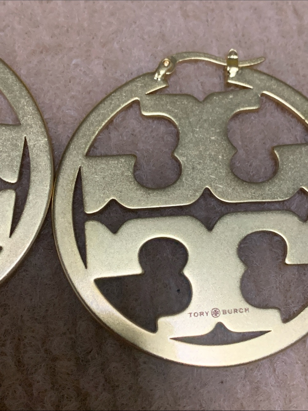 Tory Burch Gold Cutout Round Logo Hoop Earrings - Picture 2 of 5